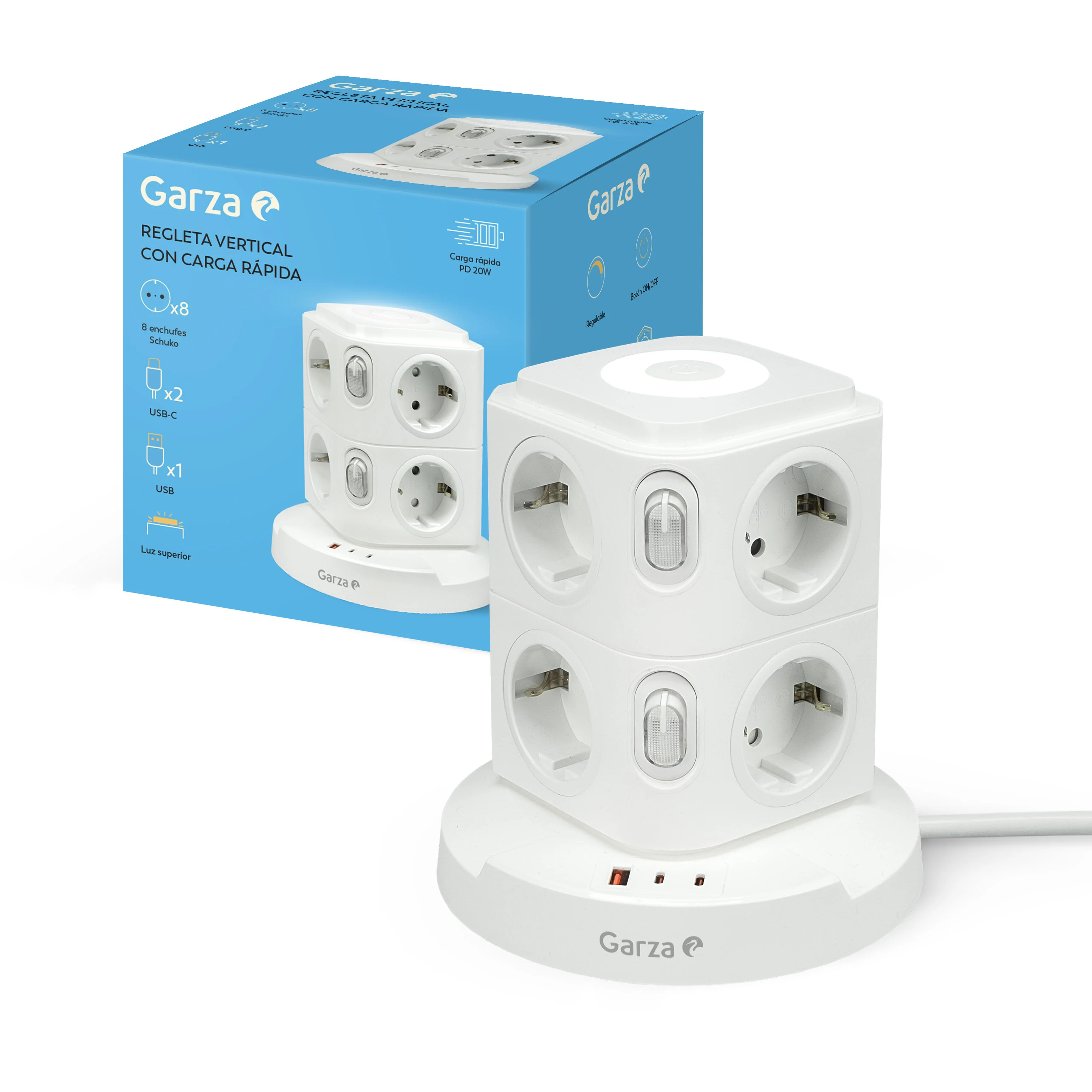 Regleta torre sobremesa con 8 tomas Schuko, 1 USB-A QC3.0 y 2 USB-C carga rápida PD20W - Image 2